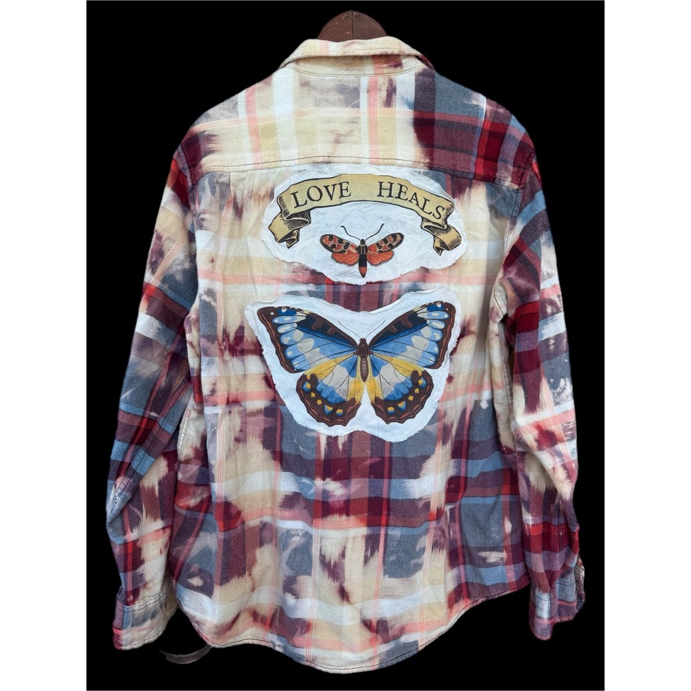 Upcycled Butterfly Flannel Shirt Large Bleach Dyed Love‎ Heals Cotton